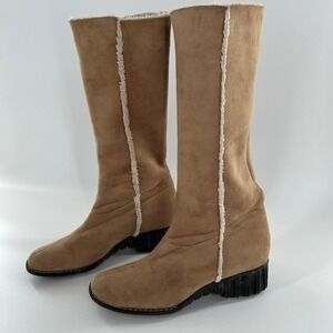 Anne Klein Women's‎ Tan Suede Faux Fur Lined Knee High Boots Wedge Heel